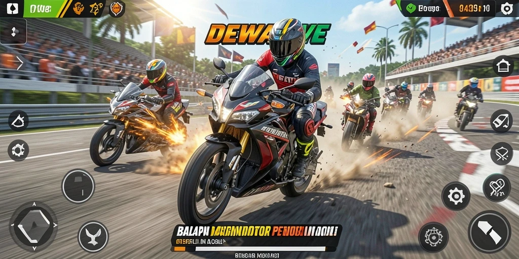 Gameplay seru dalam DEWALIVE dengan balapan motor yang mendebarkan.