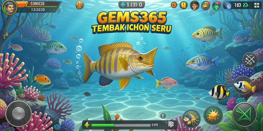 Tampilan gameplay GEMS365 menampilkan aksi seru dalam menembak ikan.
