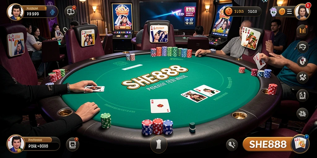 Screenshot utama SHE888 menampilkan gameplay Poker yang menarik dan penuh aksi.